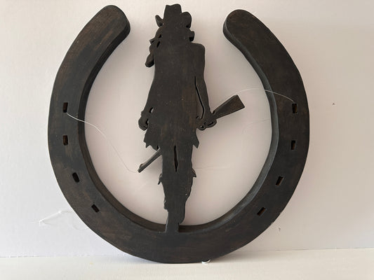 Horseshoe Cowgirl Holding Rifle Wall Decor Pine 10"