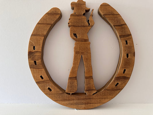 Horseshoe Cowgirl Holding Revolver Wall Decor Pine 10"