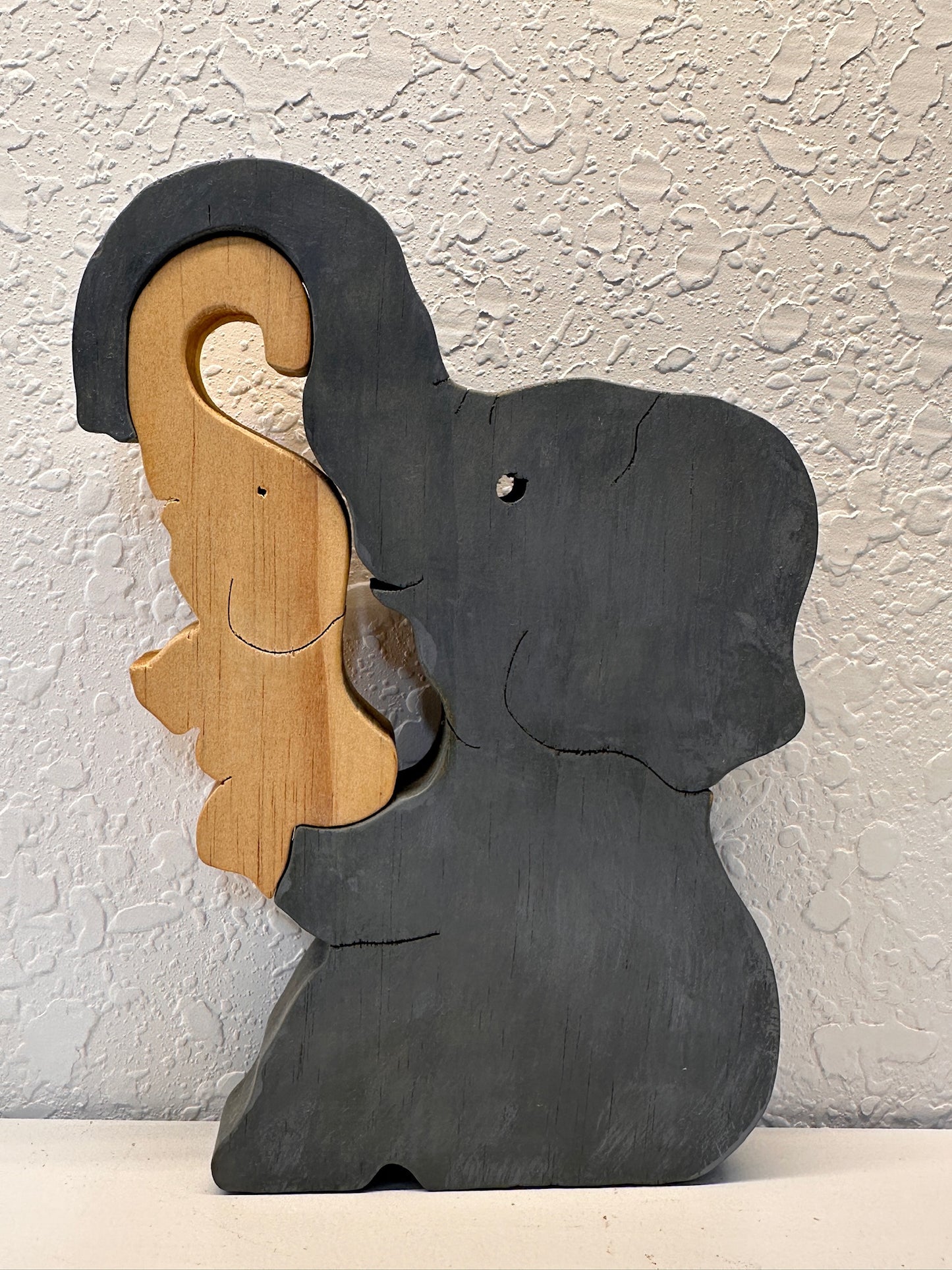 Sitting Elephant W/ Baby 7pc Pine Wood Puzzle 7 1/2" 4 1/2"