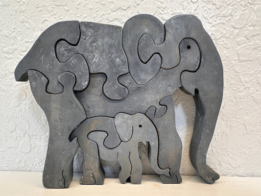 Grey Elephant W/ Baby 9pc Pine Wood Puzzle 6 1/2" x 5 1/2"