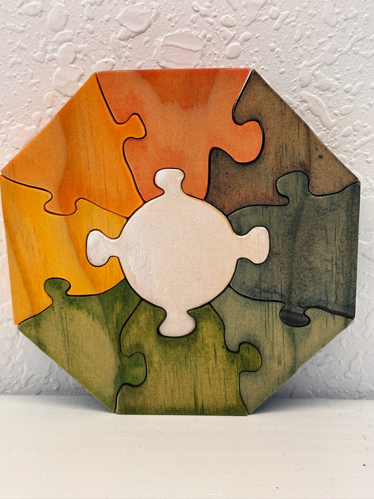 Multi-Color Octagonal 9pc Pine Wood Puzzle 4 3/4" x 4 3/4"