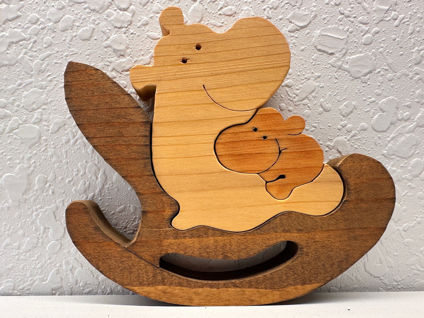 Hippo Mom W/ Baby Rocking 3pc Pine Wood Puzzle