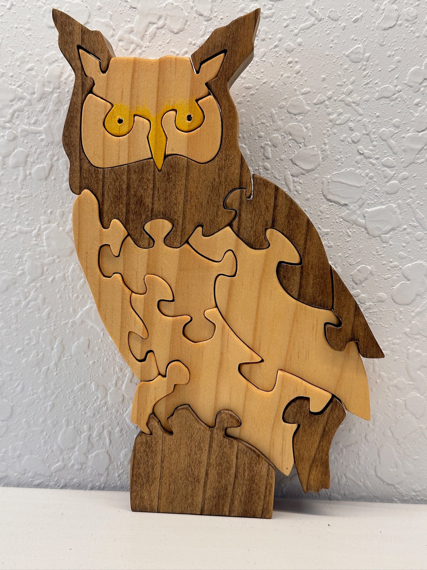 Horned Owl On Stump 13pc Pine Wood Puzzle 5" x 8 1/2"