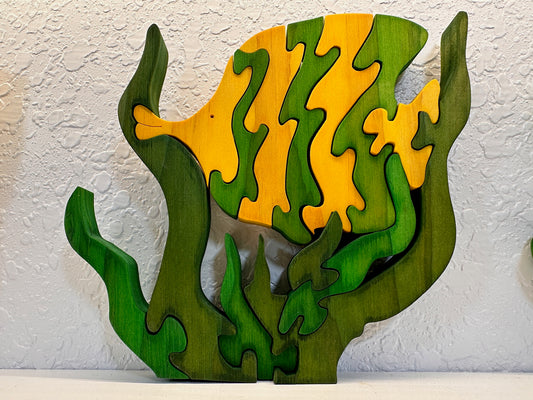 Fish In Seaweed 13pc Pine Wood Puzzle 8" x 7 3/4"